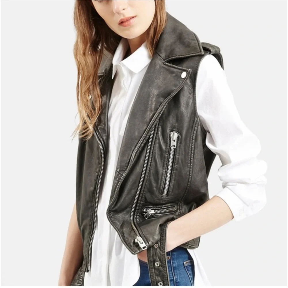 Topshop Sylvia Distressed Leather Vest Jacket, Black, Sz US 2/XS, NWOT - Picture 1 of 16